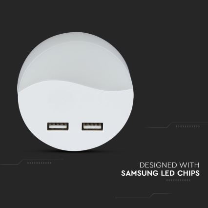 LED Нощна лампа за контакт със сензор за здрач 2xUSB LED/0,45W/230V 3000K