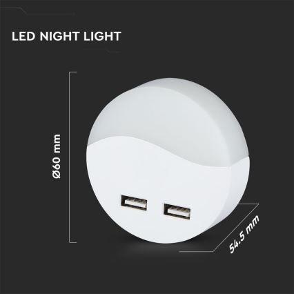 LED Нощна лампа за контакт със сензор за здрач 2xUSB LED/0,45W/230V 3000K