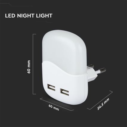 LED Нощна лампа за контакт със сензор за здрач 2xUSB LED/0,45W/230V 3000K