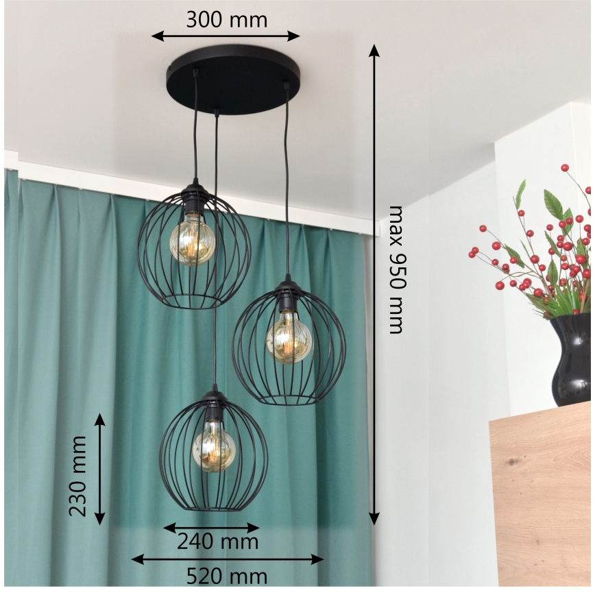 LED Пендел MERCURE 3xE27/15W/230V ø 50 см черен