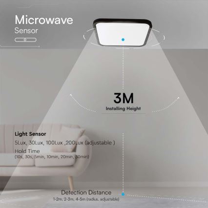 LED Плафон за баня със сензор LED/18W/230V 4000K IP44 29,5x29,5 см черен + дистанционно управление