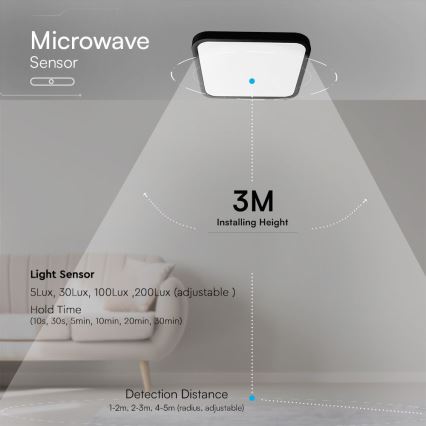 LED Плафон за баня със сензор SAMSUNG CHIP LED/18W/230V IP44 4000K 29x29 см черен + дистанционно управление
