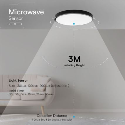 LED Плафон за баня със сензор SAMSUNG CHIP LED/18W/230V IP44 4000K Ø 29 см черен + дистанционно управление