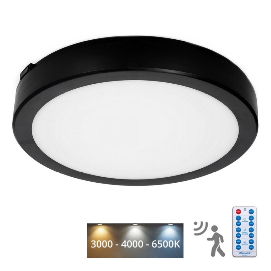 LED Плафон за баня със сензор NAIROS LED/18W/230V IP65 3000/4000/6500K Ø 30 см черен + дистанционно управление