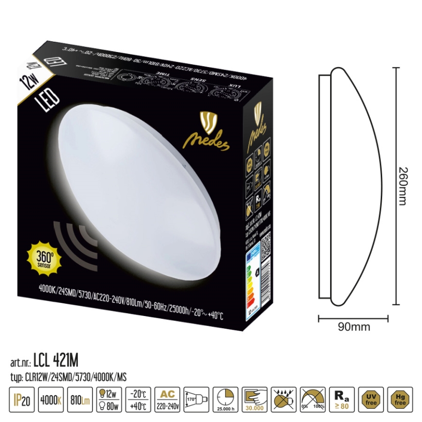LED плафониера със сензор LED/12W/230V 4000K