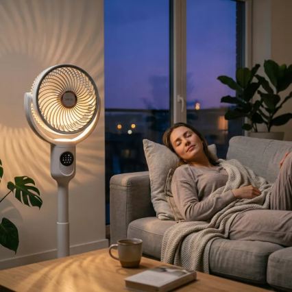 LED акумулаторен вентилатор на стойка с LED осветление LED/4,8W/5V USB 7200 mAh бял + дистанционно управление