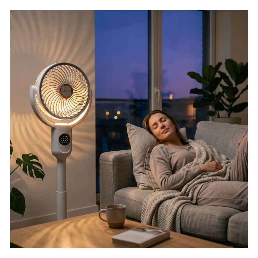 LED акумулаторен вентилатор на стойка с LED осветление LED/4,8W/5V USB 7200 mAh бял + дистанционно управление