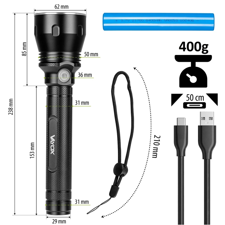LED Регулируема презареждаема фенер LED/20W/5V IPX5 1570 лм 8400 mAh