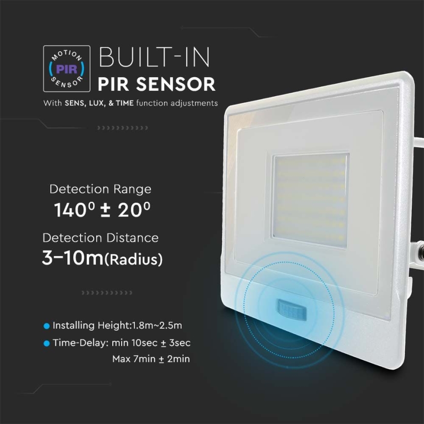 LED Прожектор със сензор LED/50W/230V 4000K IP65 бял