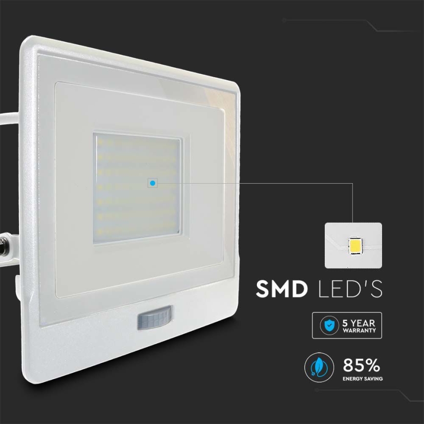 LED Прожектор със сензор LED/50W/230V 4000K IP65 бял