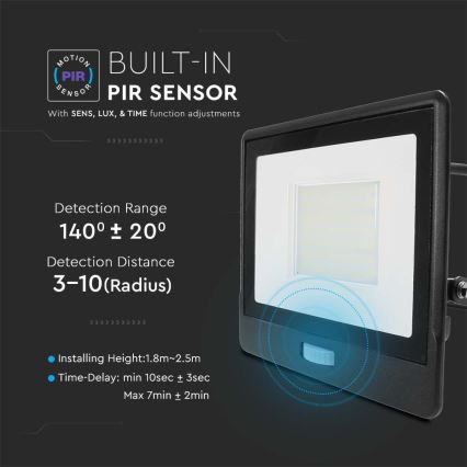 LED Прожектор със сензор LED/50W/230V 4000K IP65 черен