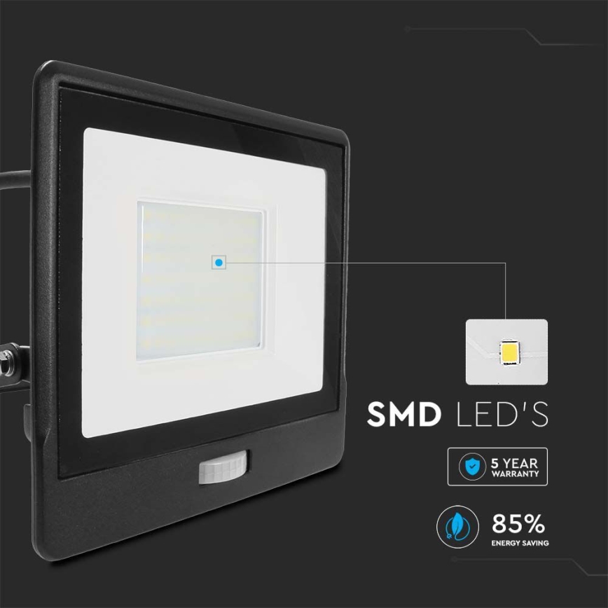 LED Прожектор със сензор LED/50W/230V 4000K IP65 черен
