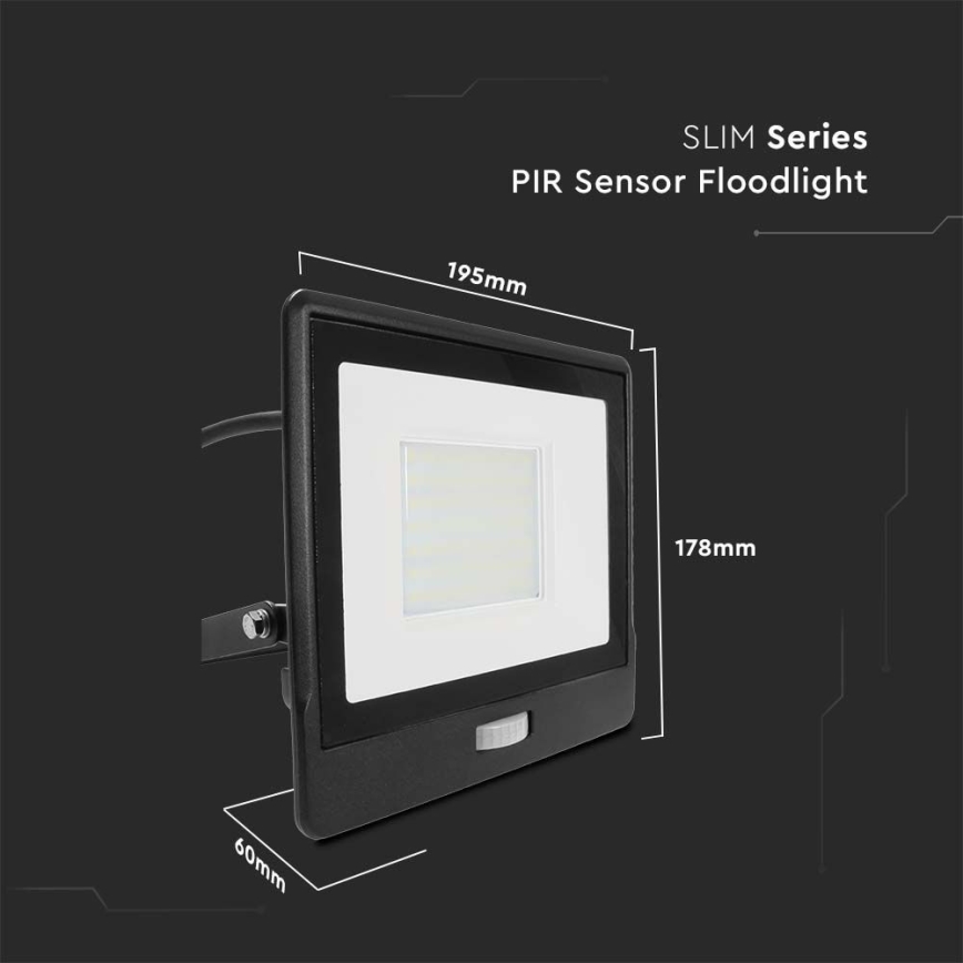 LED Прожектор със сензор LED/50W/230V 4000K IP65 черен