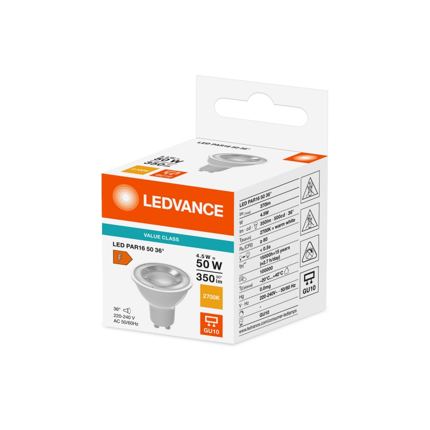 LED рефлекторна крушка PAR16 GU10/4,5W/230V 2700K 36° - Ledvance