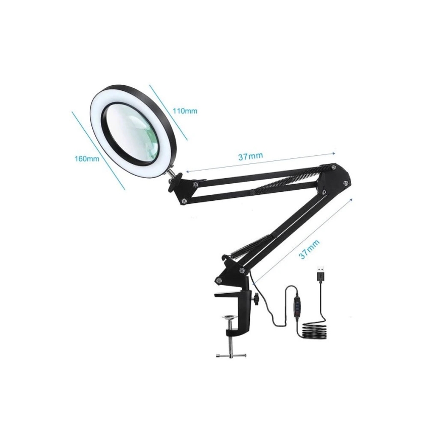 LED регулируема настолна лампа с лупа LED/22W/5V 4000-6000K черна