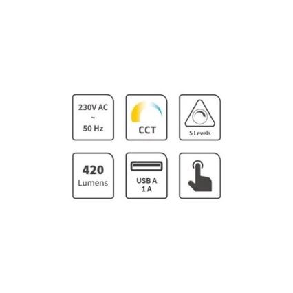 Настолна LED лампа с регулируема яркост, USB, LED/7W/230V 3000K/4000K/5500K, черна