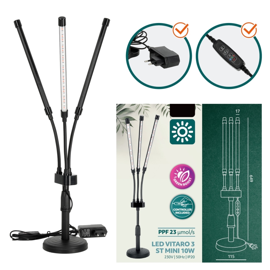 LED регулируема гъвкава настолна лампа за отглеждане на растения VITARO 3xLED/10W/230V черна