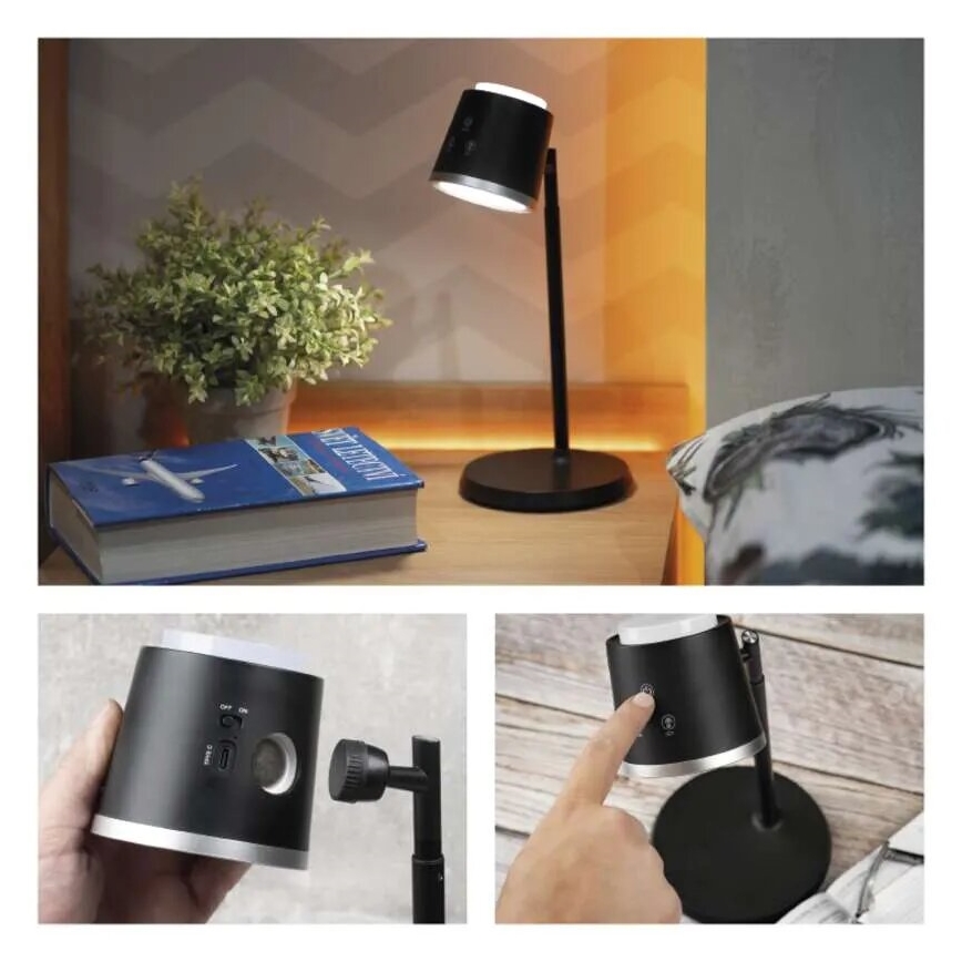 LED регулируема презареждаема настолна лампа 4 в 1 LED/6W/3,7V 3000K/4000K/6500K 1500mAh черна