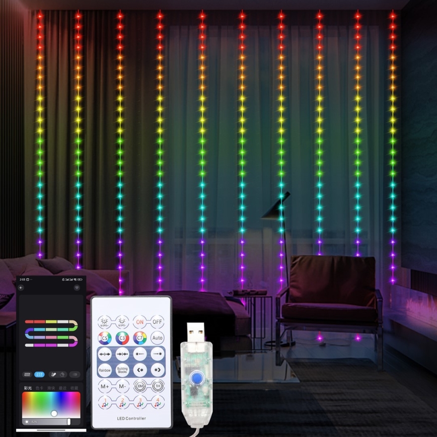 LED RGB Димируем Коледна завеса WIZARD 300xLED/USB 3x3 м + дистанционно управление