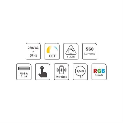 LED RGB Димируема акумулаторна настолна сензорна лампа с безжично зареждане LED/7,5W/5V 2700-5300K бял