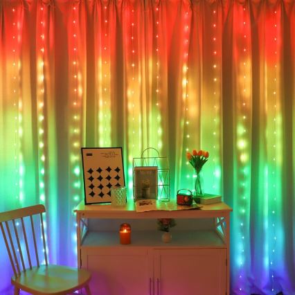 LED RGB димируема коледна завеса WIZARD 300xLED/USB 3x3m + дистанционно управление