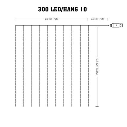 LED RGB димируема коледна завеса WIZARD 300xLED/USB 3x3m + дистанционно управление
