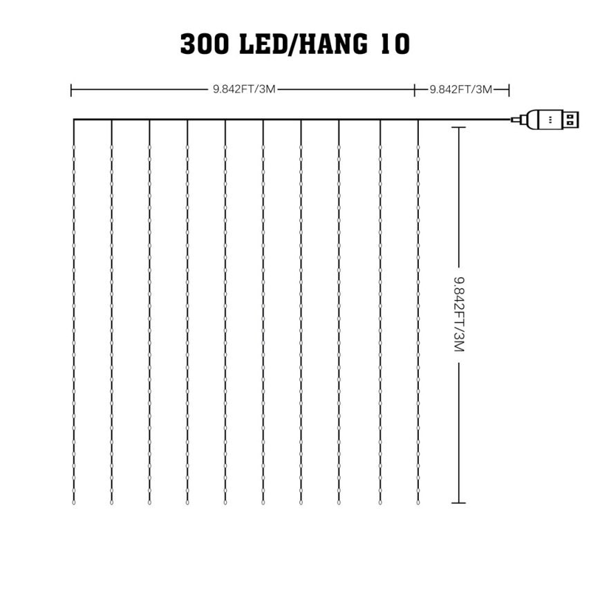 LED RGB димируема коледна завеса WIZARD 300xLED/USB 3x3m + дистанционно управление