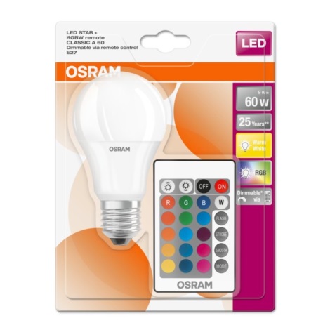 LED RGB димируема крушка E27 / 9W / 230V 2700K с дистанционно управление - Osram
