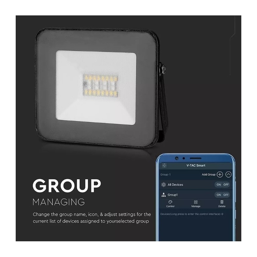 LED RGB Смарт димируем прожектор LED/20W/230V IP65 черен