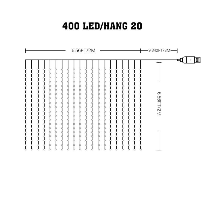 LED RGB завеса с регулируема яркост WIZARD 400xLED/USB 2x2m + дистанционно управление