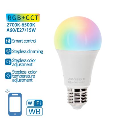 LED RGBW Димируема крушка A60 E27/15W/230V 2700-6500K Wi-Fi - Aigostar