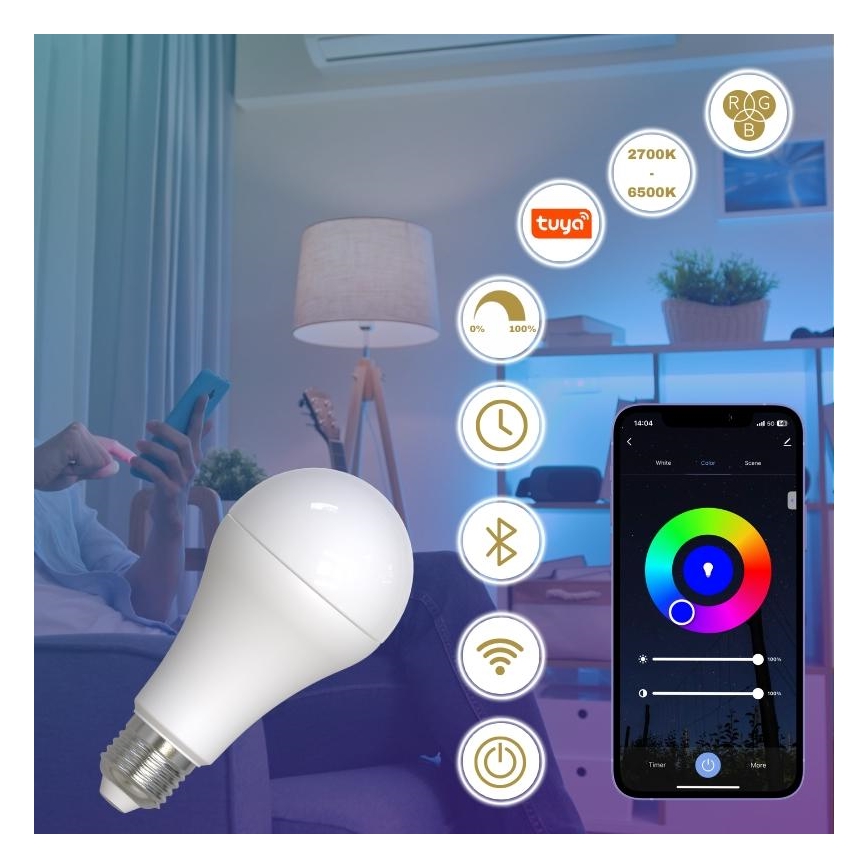 LED RGBW Димируема крушка A60 E27/15W/230V 2700-6500K Wi-Fi Tuya