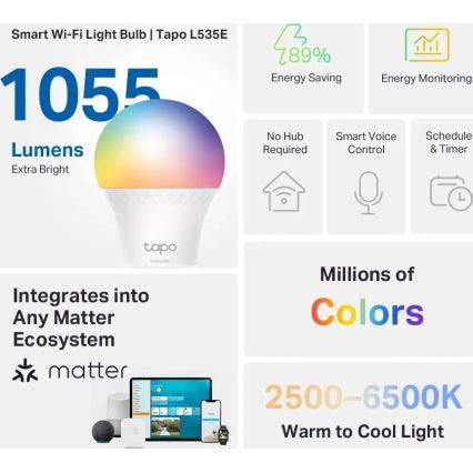 LED RGBW димируема крушка MATTER A60 E27/8,6W/230V 2500-6500K Wi-Fi - TP-Link