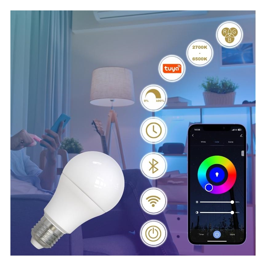 LED RGBW Димируема крушка A60 E27/9W/230V 2700-6500K Wi-Fi Tuya