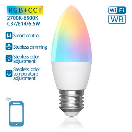 LED RGBW Димируема крушка C37 E27/6,5W/230V 2700-6500K Wi-Fi - Aigostar