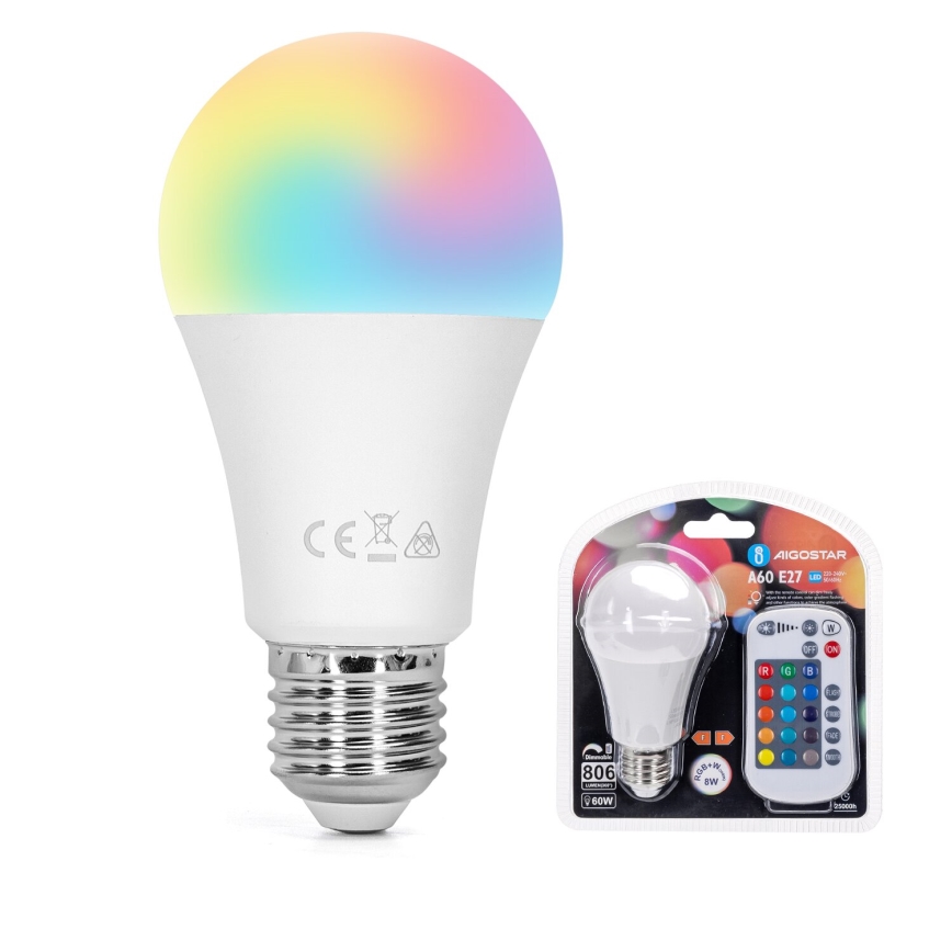 LED RGBW Димируема крушка E27/8W/230V 3000K + дистанционно управление - Aigostar