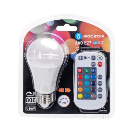 LED RGBW Димируема крушка E27/8W/230V 3000K + дистанционно управление - Aigostar