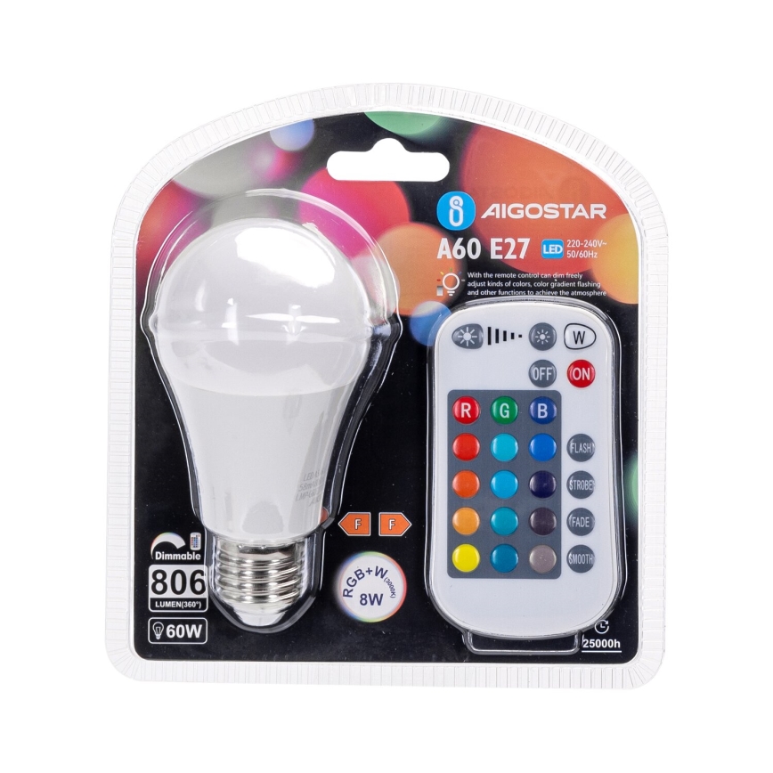 LED RGBW Димируема крушка E27/8W/230V 3000K + дистанционно управление - Aigostar