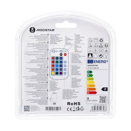 LED RGBW Димируема крушка E27/8W/230V 3000K + дистанционно управление - Aigostar