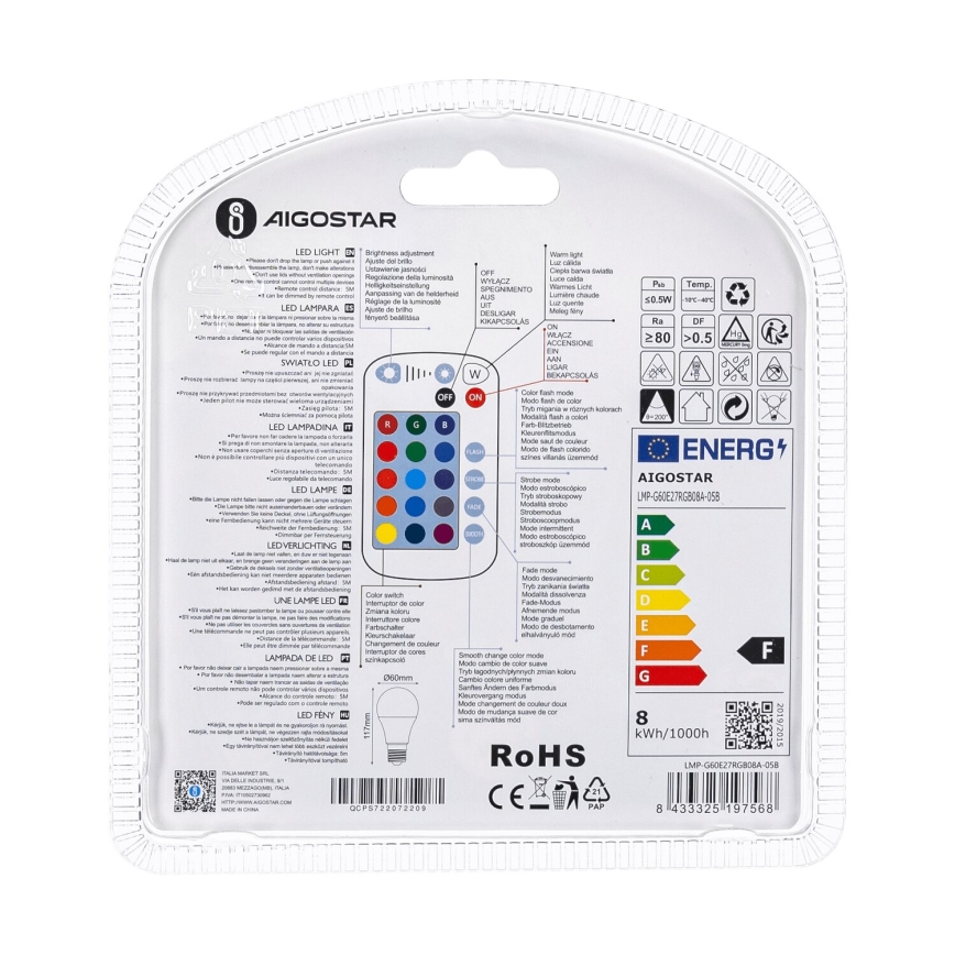 LED RGBW Димируема крушка E27/8W/230V 3000K + дистанционно управление - Aigostar