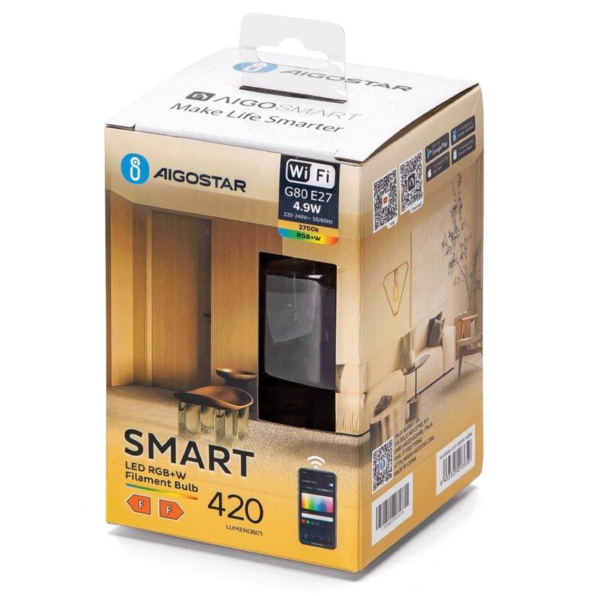 LED RGBW Димируема крушка FILAMENT G80 E27/4,9W/230V 2700K Wi-Fi - Aigostar