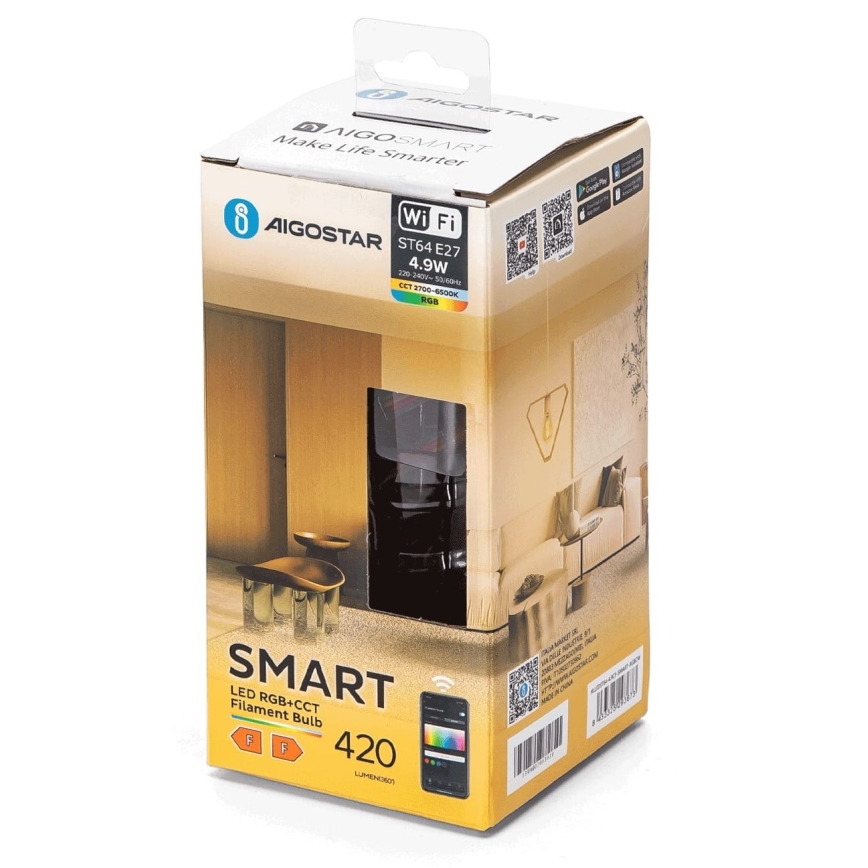 LED RGBW Димируема крушка FILAMENT ST64 E27/4,9W/230V 2700-6500K Wi-Fi - Aigostar