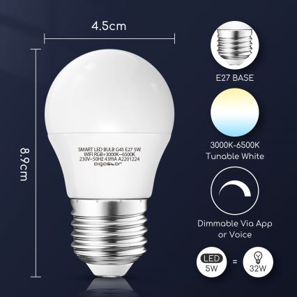 LED RGBW Димируема крушка G45 E27/5W/230V 3000-6500K Wi-Fi - Aigostar