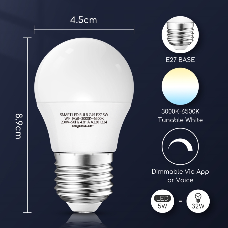 LED RGBW Димируема крушка G45 E27/5W/230V 3000-6500K Wi-Fi - Aigostar
