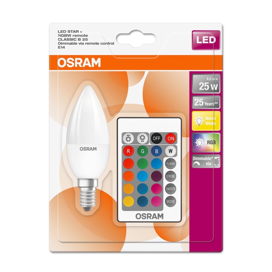 LED RGBW Димируема крушка STAR E14/4,5W/230V 2700K + дистанционно – Osram