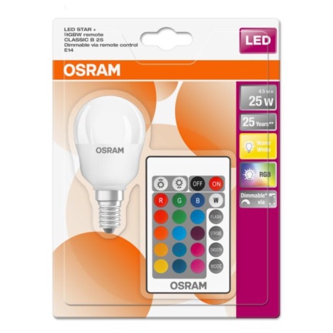 LED RGBW Димируема крушка STAR E14 / 4,5W / 230V 2700K + ДУ - Osram