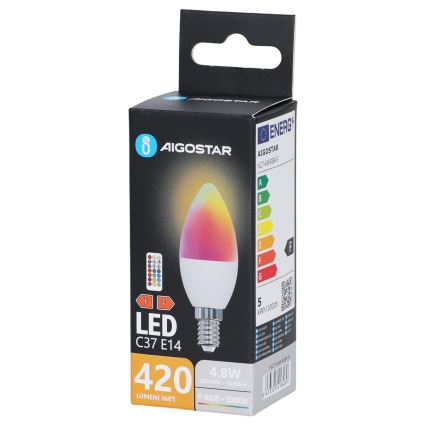 LED RGBW крушка C37 E14/4,8W/230V 3000K + дистанционно управление - Aigostar