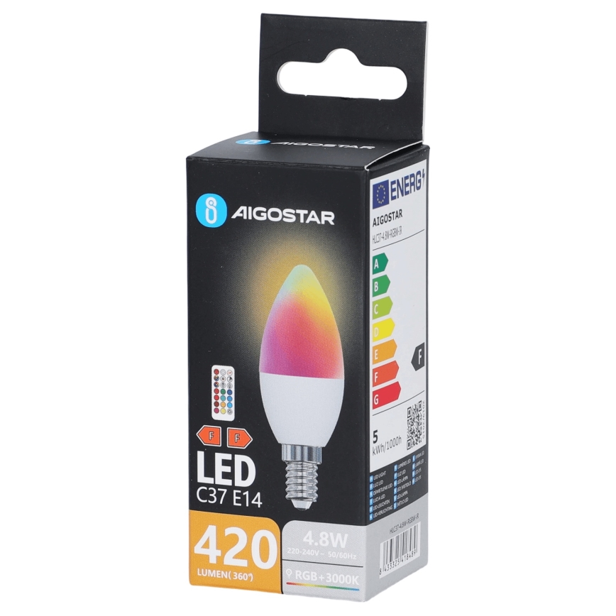 LED RGBW крушка C37 E14/4,8W/230V 3000K + дистанционно управление - Aigostar