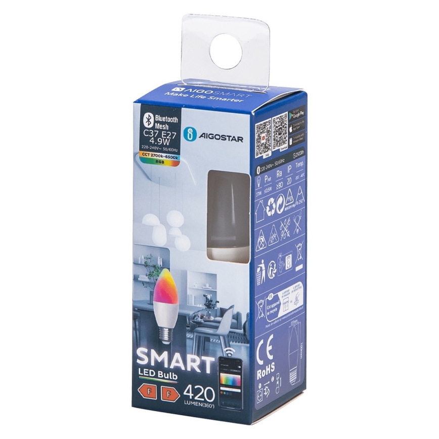 LED RGBW димируема крушка C37 E27/4,9W/230V 2700-6500K - Aigostar
