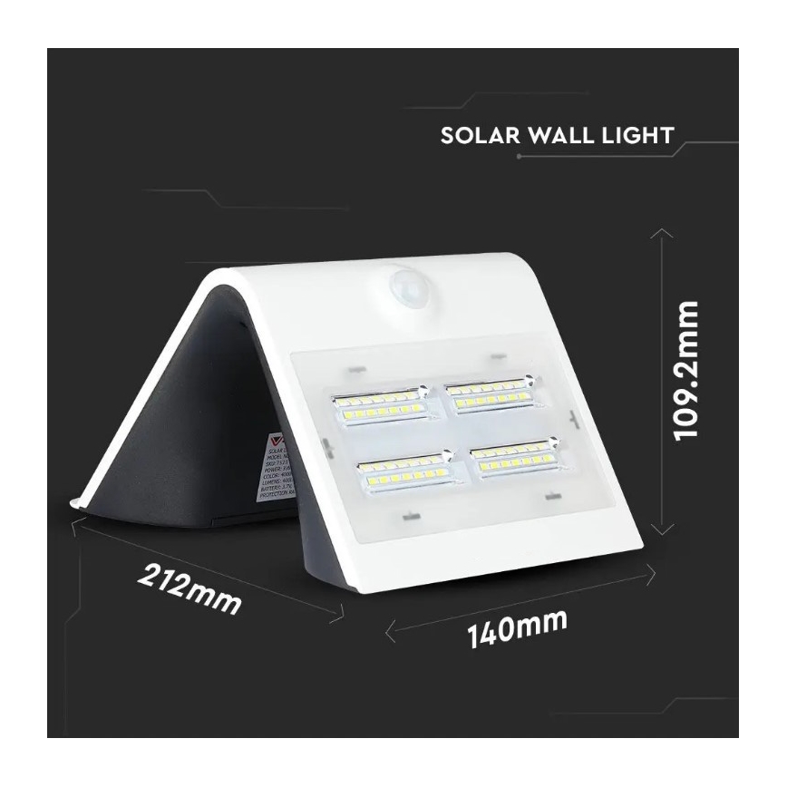 LED Соларен аплик със сензор LED/3W/3,7V 3000/4000K IP65 2000 mAh бял